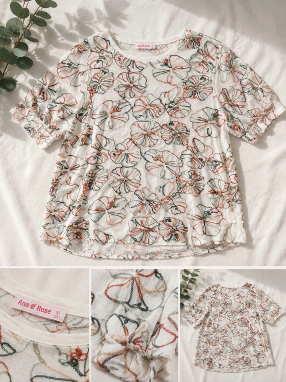 Ana & Rose White Short Sleeve Floral Embroidered Tee